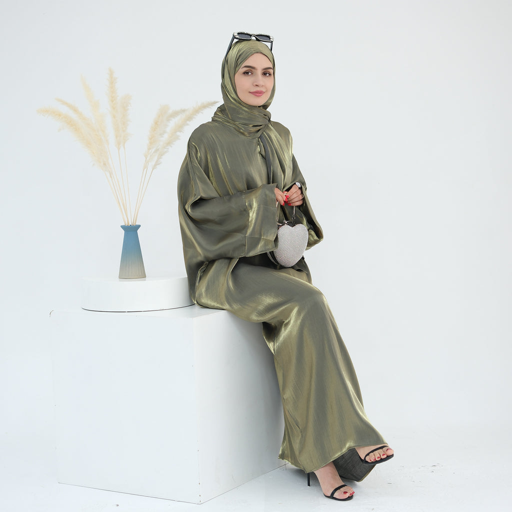 1789# 2024 New Shinny Polyester One Piece Hoodie Abaya Dubai Modest Dress with Attached Hijab