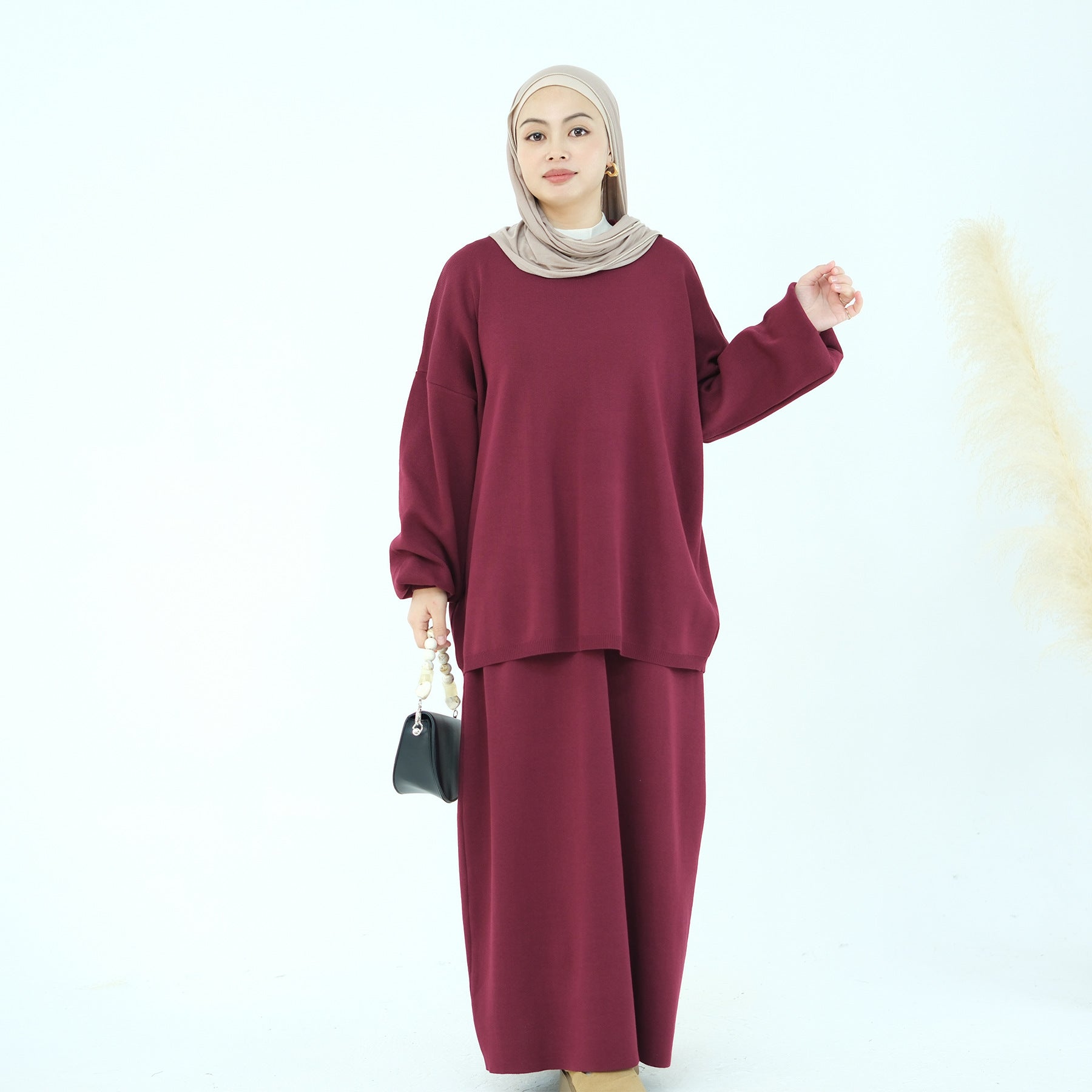 1928#Knit Fabric Solid Color Women's Dress Islamic Clothing Sweater Skirt Set 2pcs Winter Set Abaya