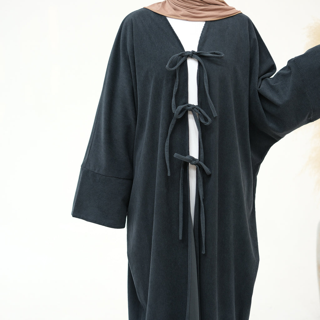1927# Cutest Bow-Tie Front Open Corduroy Abaya Fall Winter Butterfly Cardigan Kimono Abaya