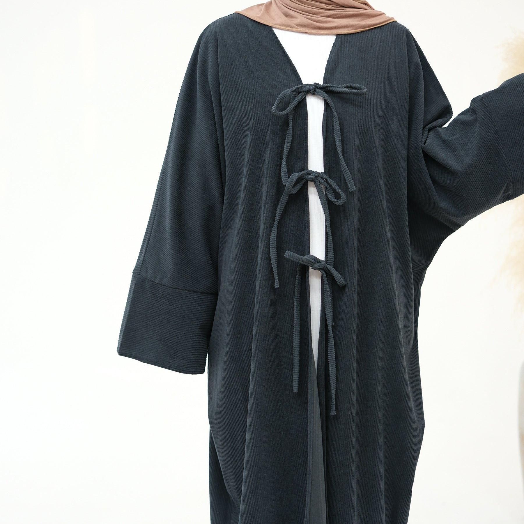1927# Cutest Bow-Tie Front Open Corduroy Abaya Fall Winter Butterfly Cardigan Kimono Abaya