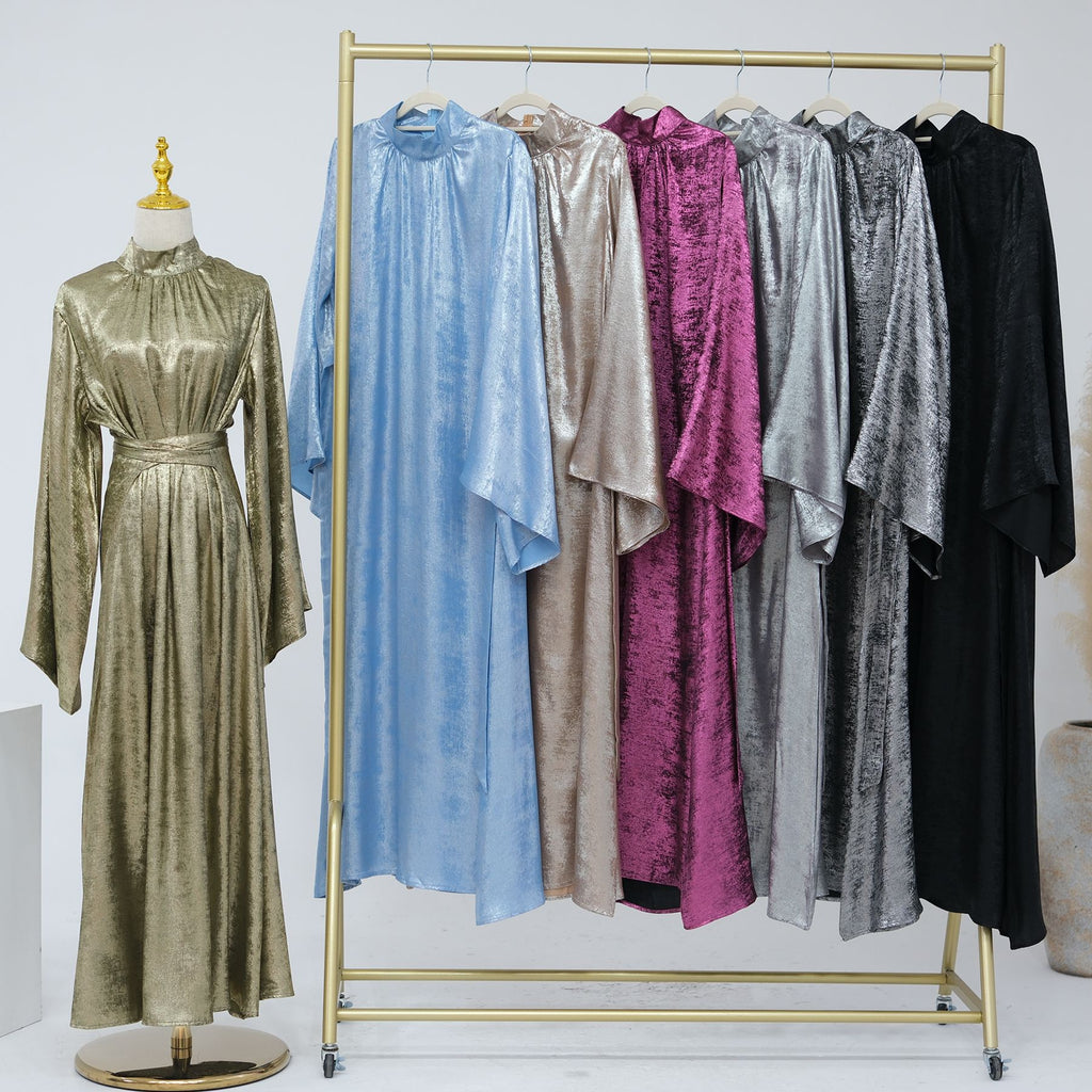 1777#New Modest Muslim Dress Long Sleeve Shinny Polyester Fashion Dubai Abaya Women Dress Elegant Islamic Clothing