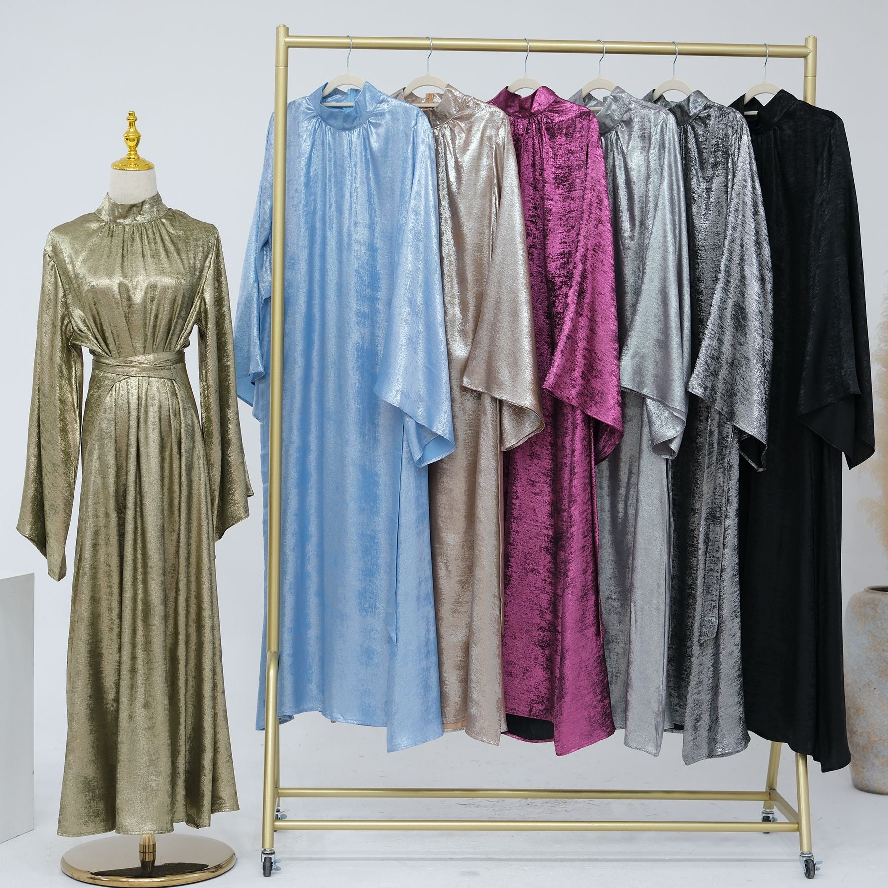 1777#New Modest Muslim Dress Long Sleeve Shinny Polyester Fashion Dubai Abaya Women Dress Elegant Islamic Clothing