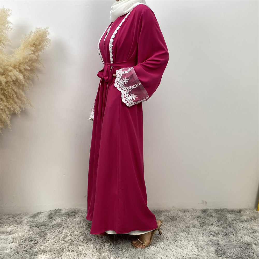 1405#Latest Eid Nida Material Flower Lace Border Classy Embroidery Women Open Abaya