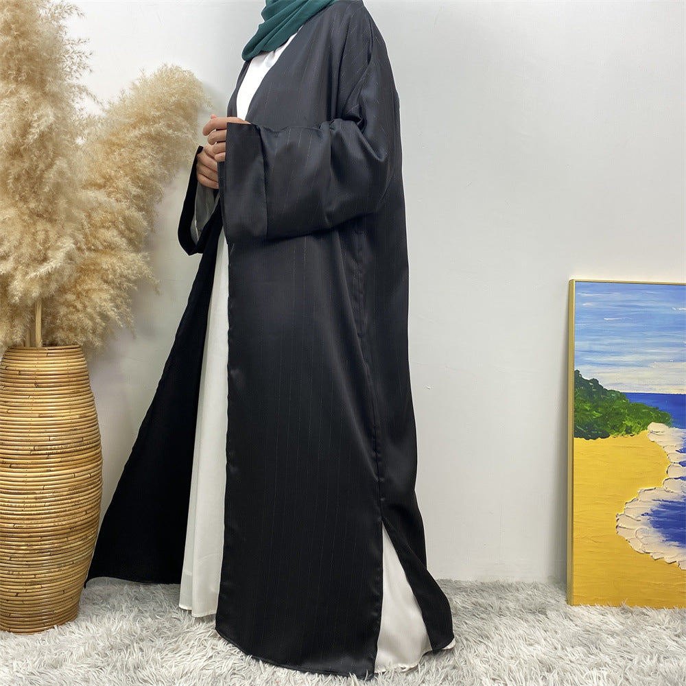 1439#Women Abaya Smooth Satin Kimono Slit Sleeve Popular Islamic Clothing Modest Silver Line Printed Abayas