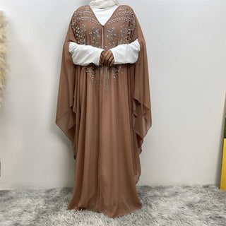 6742# Luxury Rhinestone Chiffon Abaya Hot Drilling Bead With Pearls Classy Cardigan