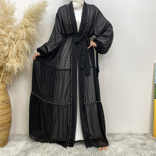 1964#Chiffon open abaya with white pearls tie belt long sleeves dubai abayas 5 colors