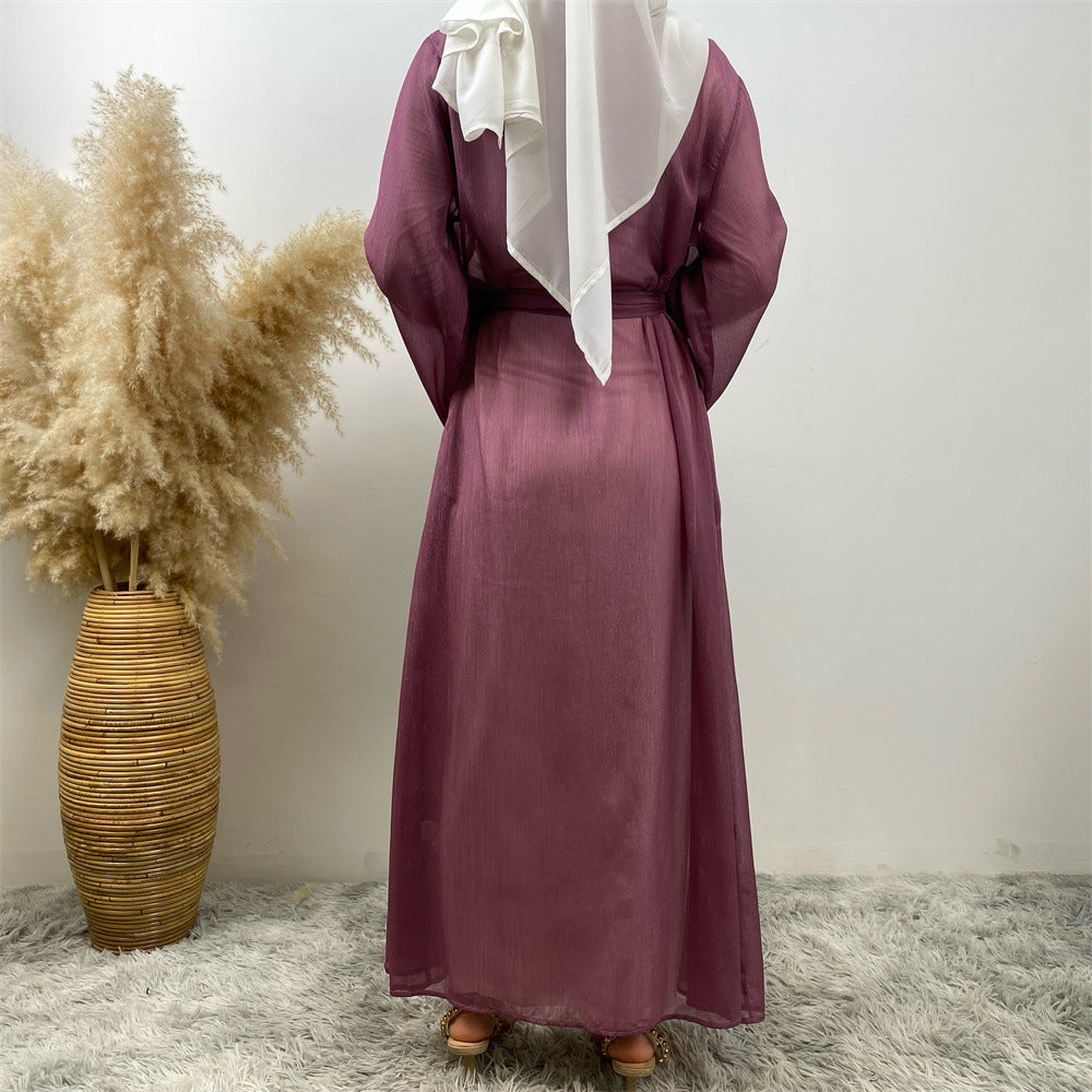1425#New Material Transparent Silk Polyester Luxury Diamond Border With Pockets Women Open Abaya