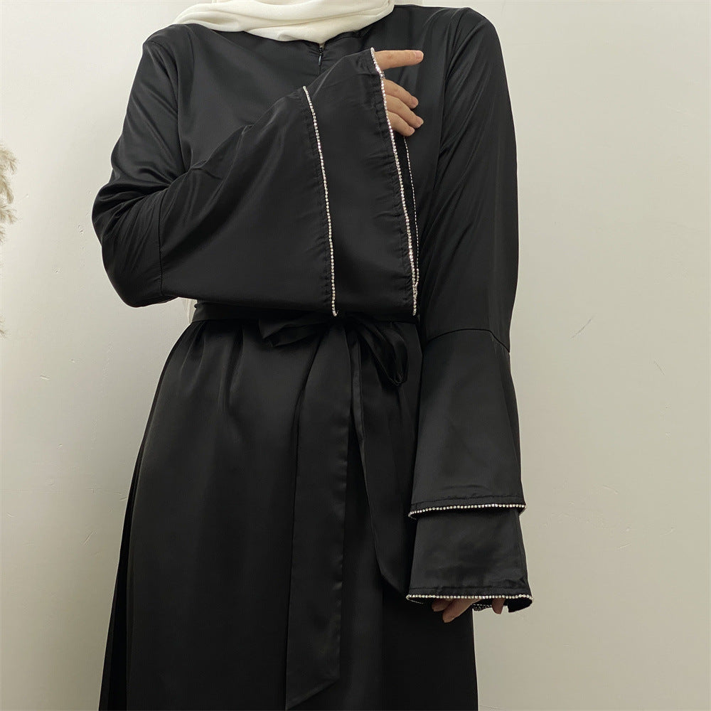 6789# New Front Zipper Two Layers With Sparkle Diamond Sleeves With Pockets Muslim Women Dress