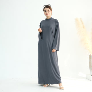 1905#High Neck Simple Daily Wear Plain Modest Abaya Women Muslim Dress Long Sleeve Slip Dress