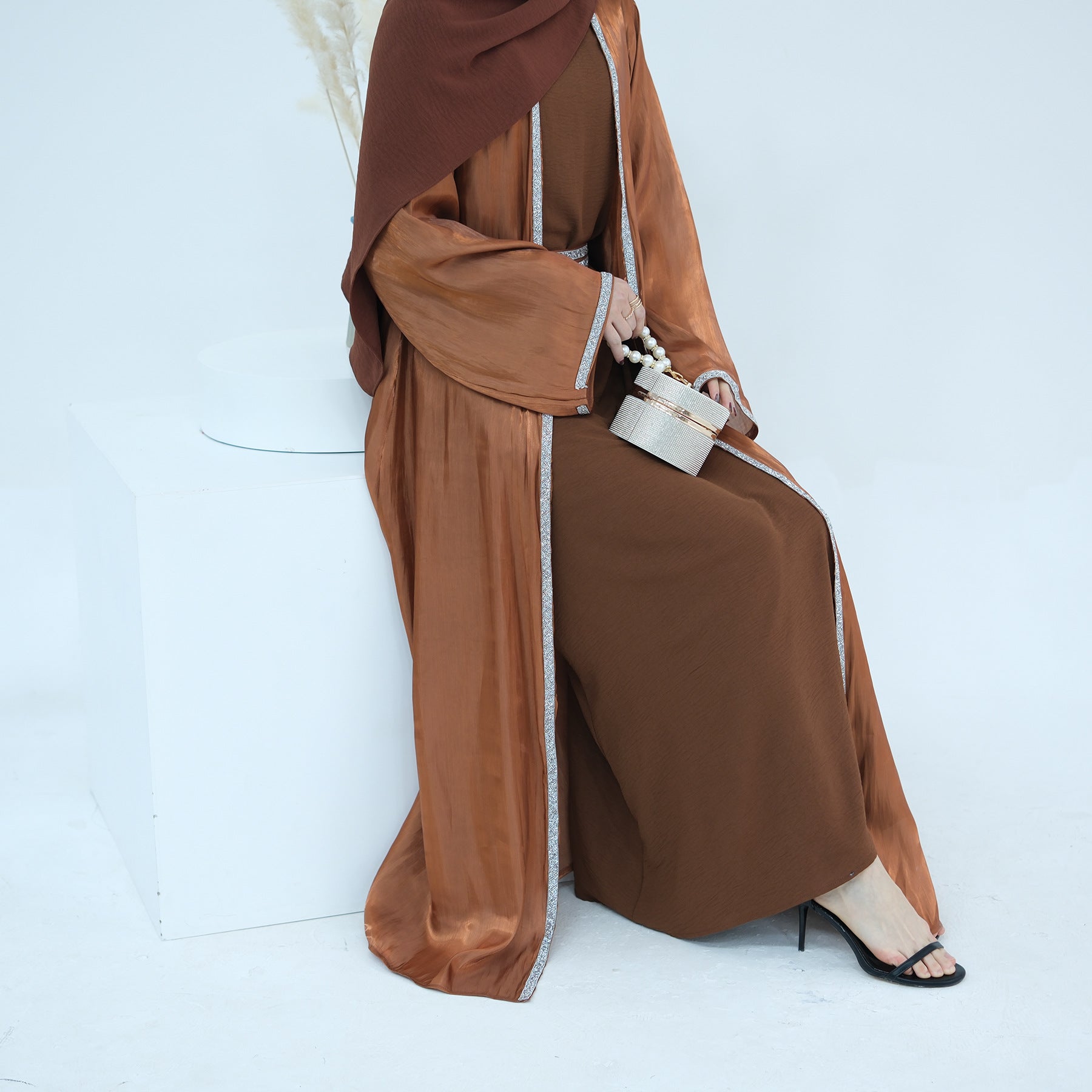 1699#2024 New Abaya Set Shinny Polyester Glitter Dubai Abaya Modest Kimono
