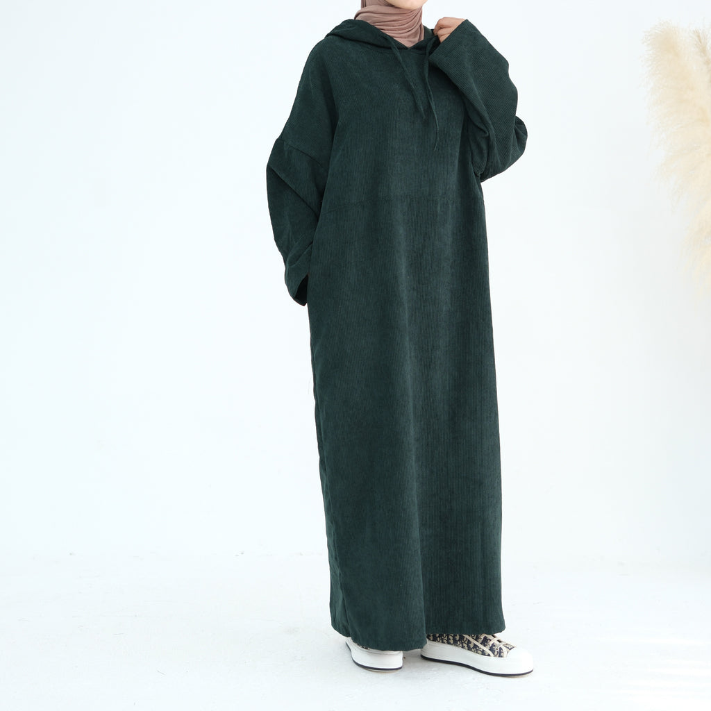 1890#Casual Cordury Hoodie Abaya Loose  Muslim Women Dress with Pockets Daily Wear Winter Abaya