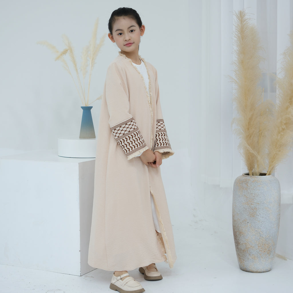 1782#Kids Abaya Keffiyeh Inspired Girls Embroidery Sleeves Women Maxi Dress Islamic Kaftan Trend Abaya