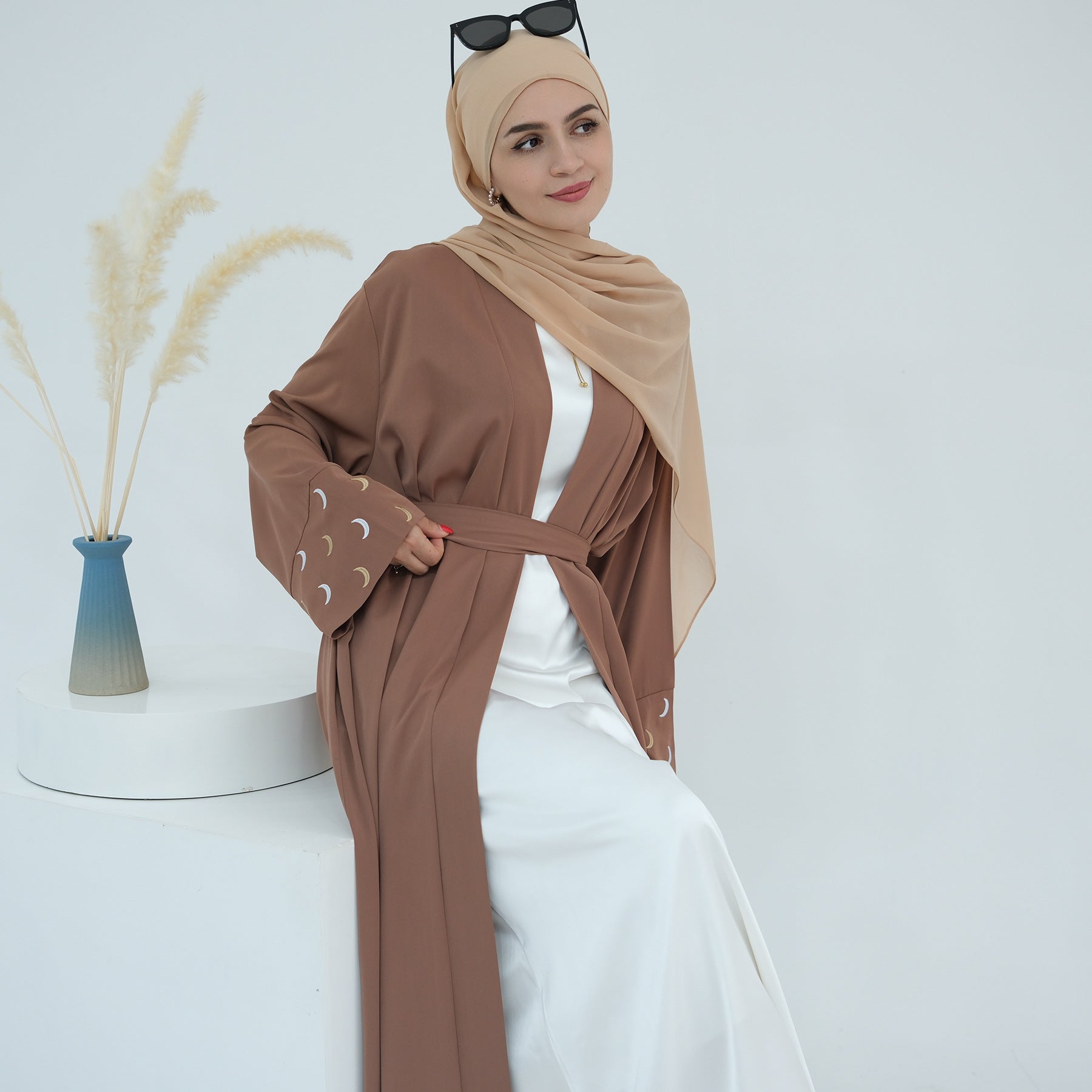 1785#New Arrival Cardigan Muslim Women's Dresses Moon Embroidery EID Linen Abaya