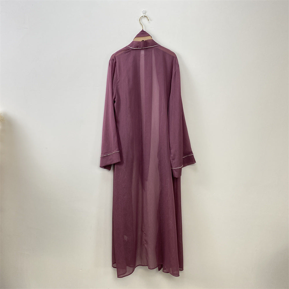 1425#New Material Transparent Silk Polyester Luxury Diamond Border With Pockets Women Open Abaya