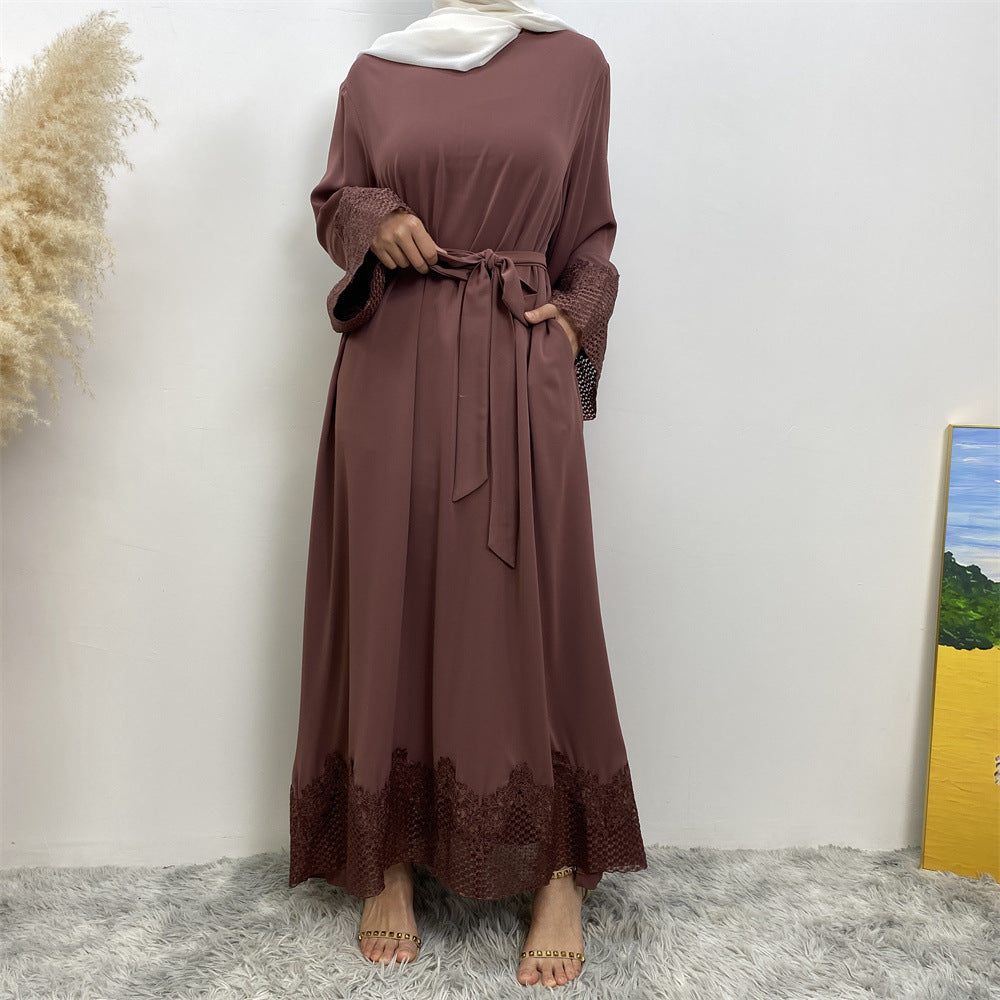 6708#New Nida Flower Applique With Mesh With Side Pockets Classy Women Dress Close Abaya