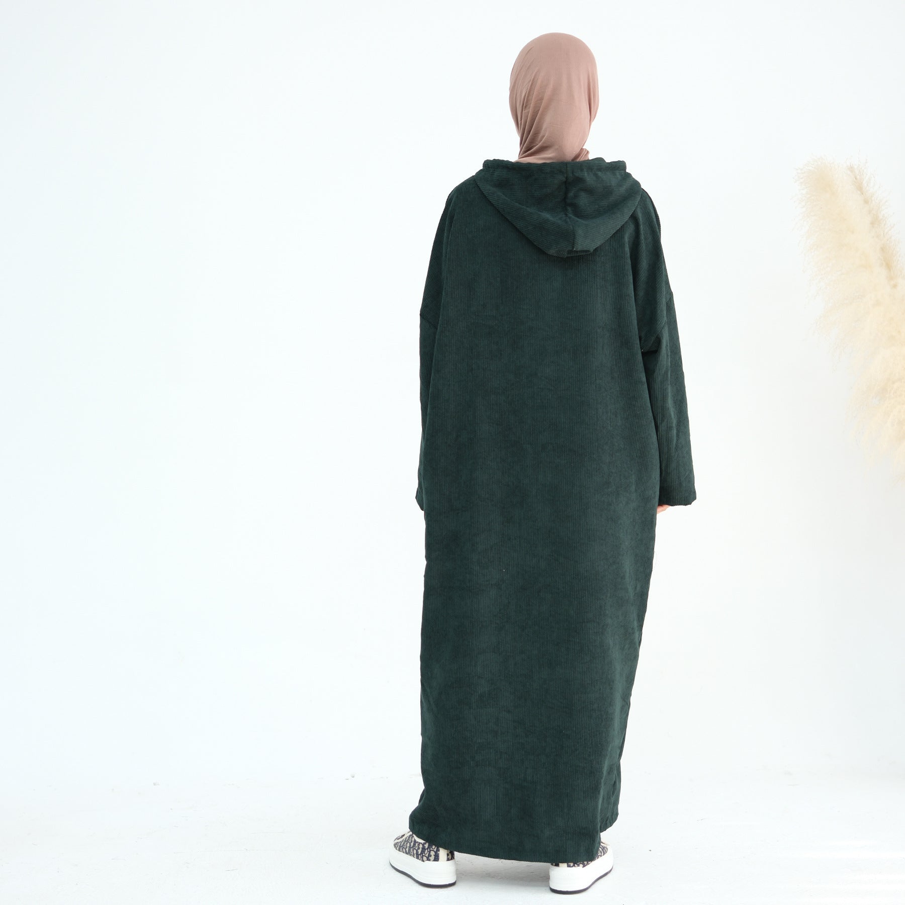 1890#Casual Cordury Hoodie Abaya Loose  Muslim Women Dress with Pockets Daily Wear Winter Abaya