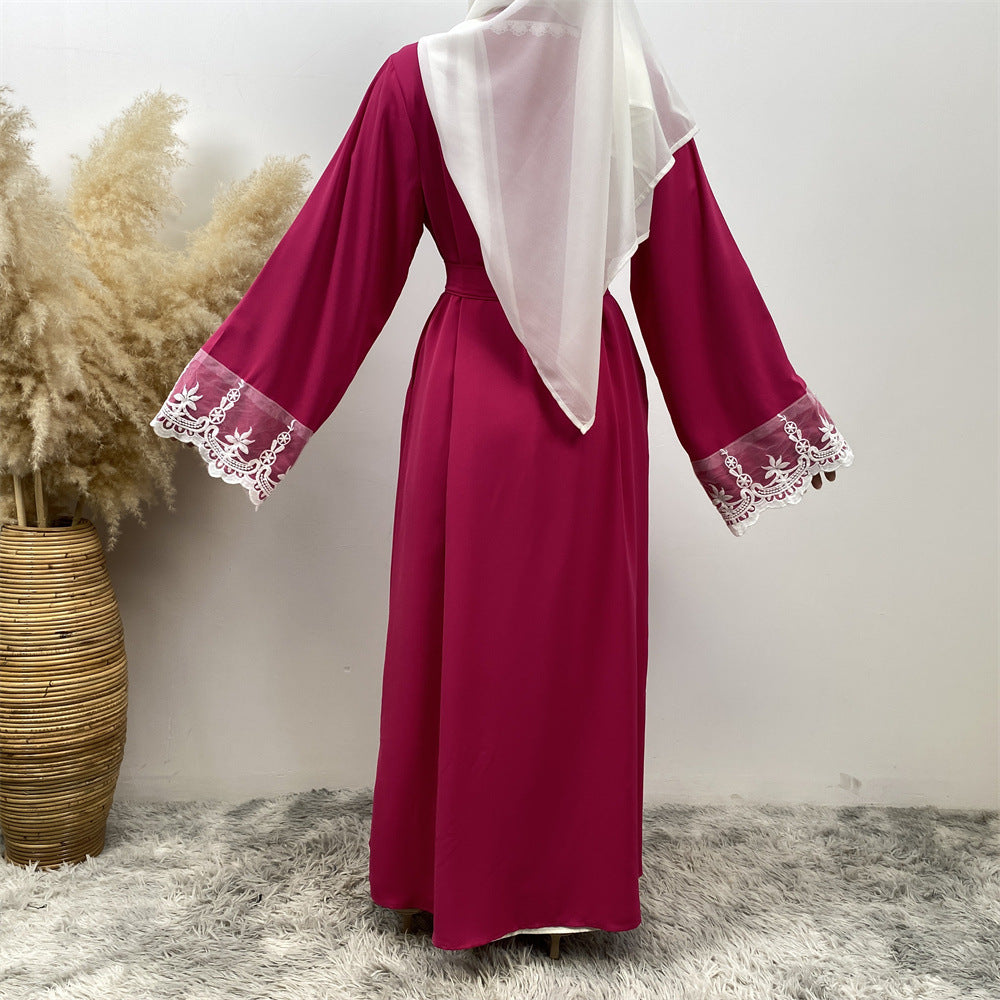 1405#Latest Eid Nida Material Flower Lace Border Classy Embroidery Women Open Abaya