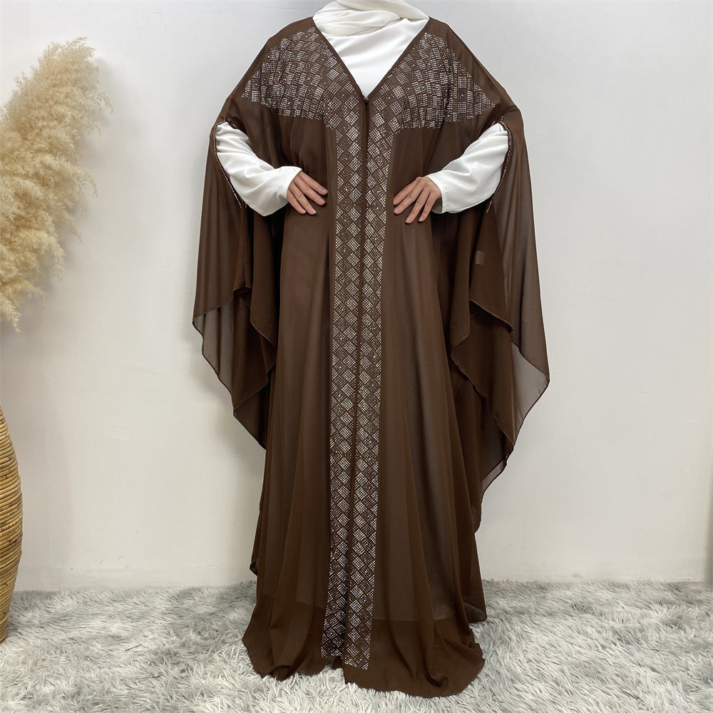 6739# Luxury Rhinestone Chiffon Abaya Hot Drilling Bead With Pearls Classy Cardigan