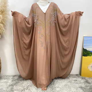 6743#Luxury New Rhinestone Chiffon Abaya Bead With Pearls Batwing Sleeves Classy Cardigan 的副本