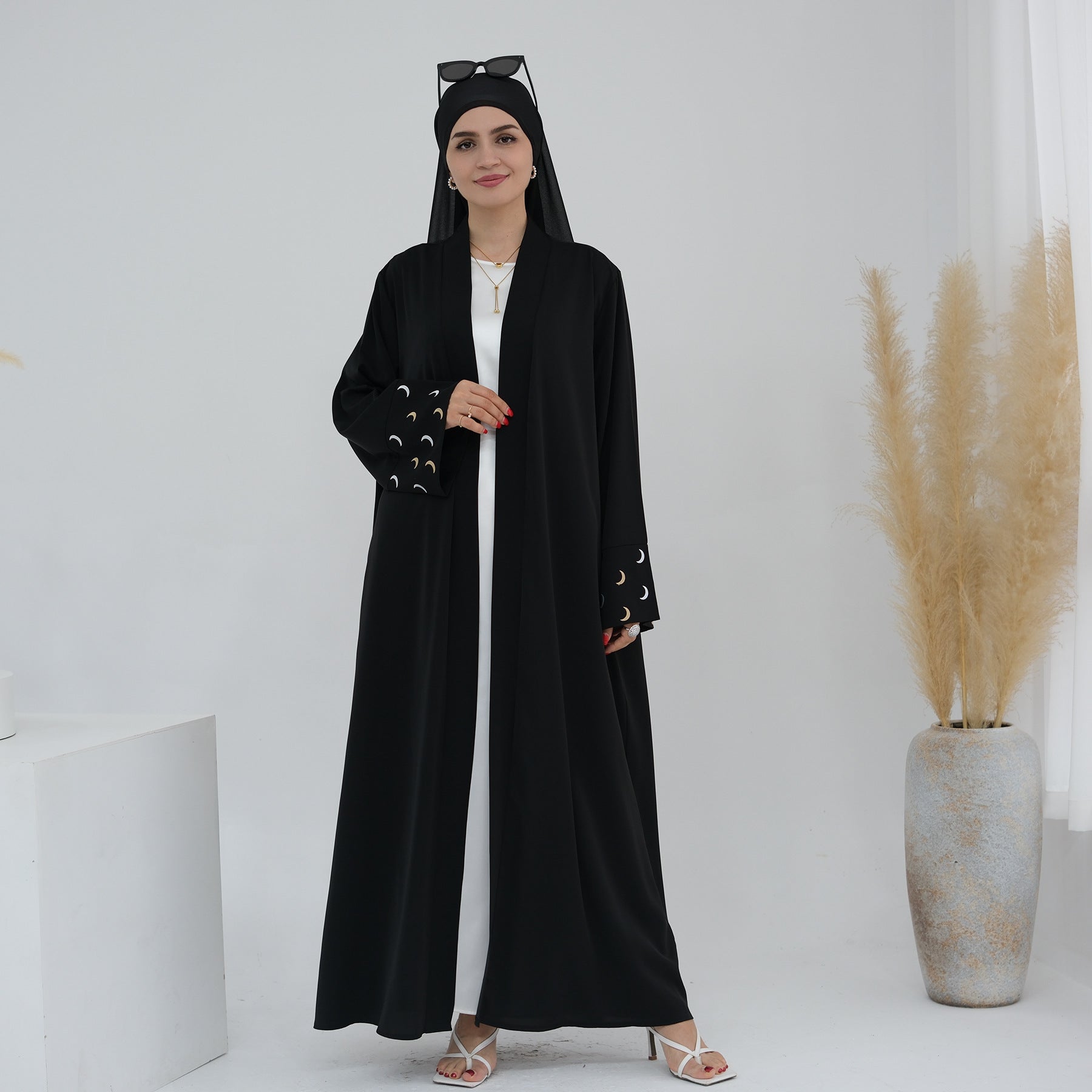 1785#New Arrival Cardigan Muslim Women's Dresses Moon Embroidery EID Linen Abaya