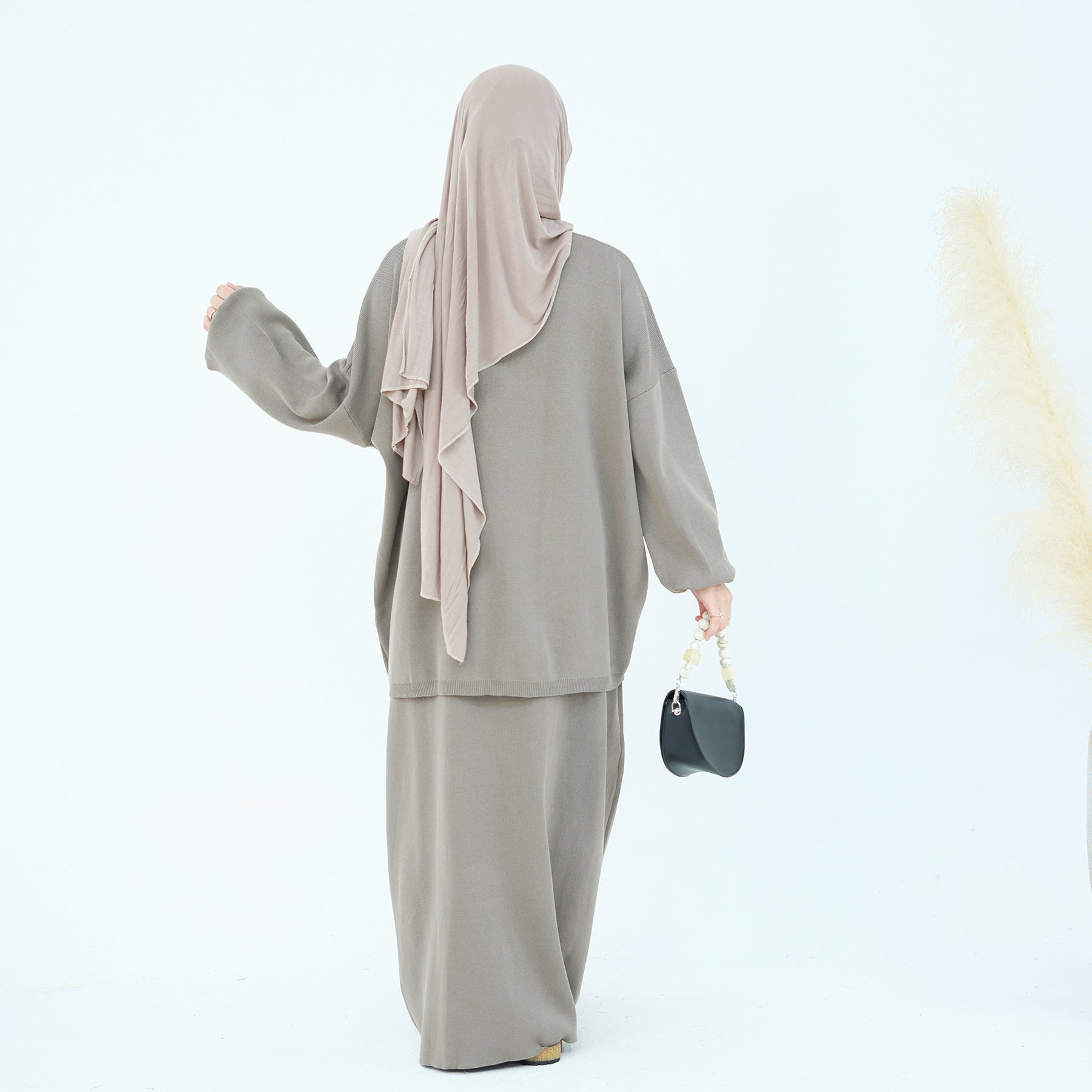 1928#Knit Fabric Solid Color Women's Dress Islamic Clothing Sweater Skirt Set 2pcs Winter Set Abaya