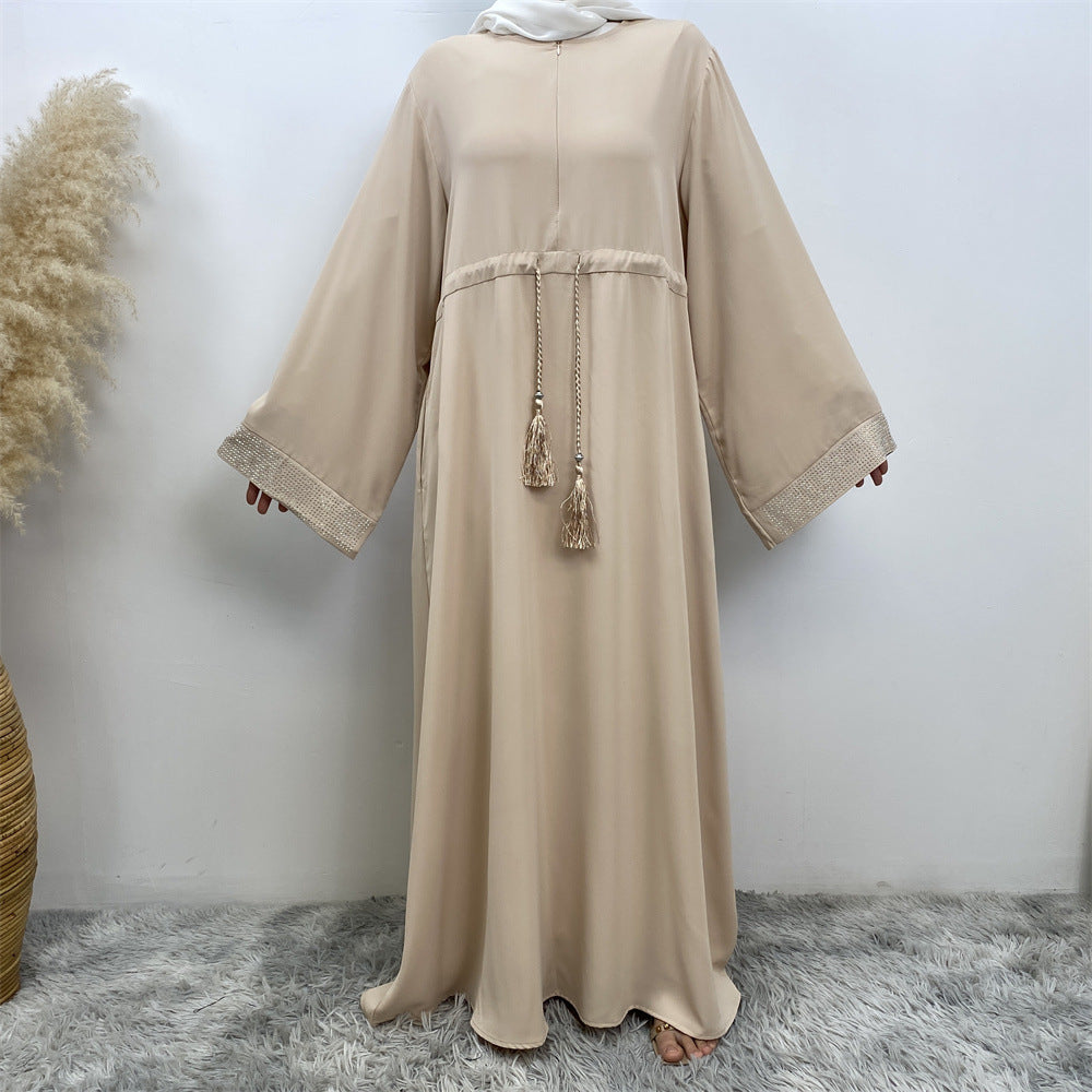 6758# Front zipper closed abaya dress loose cuff with rhinestone maxi dresses