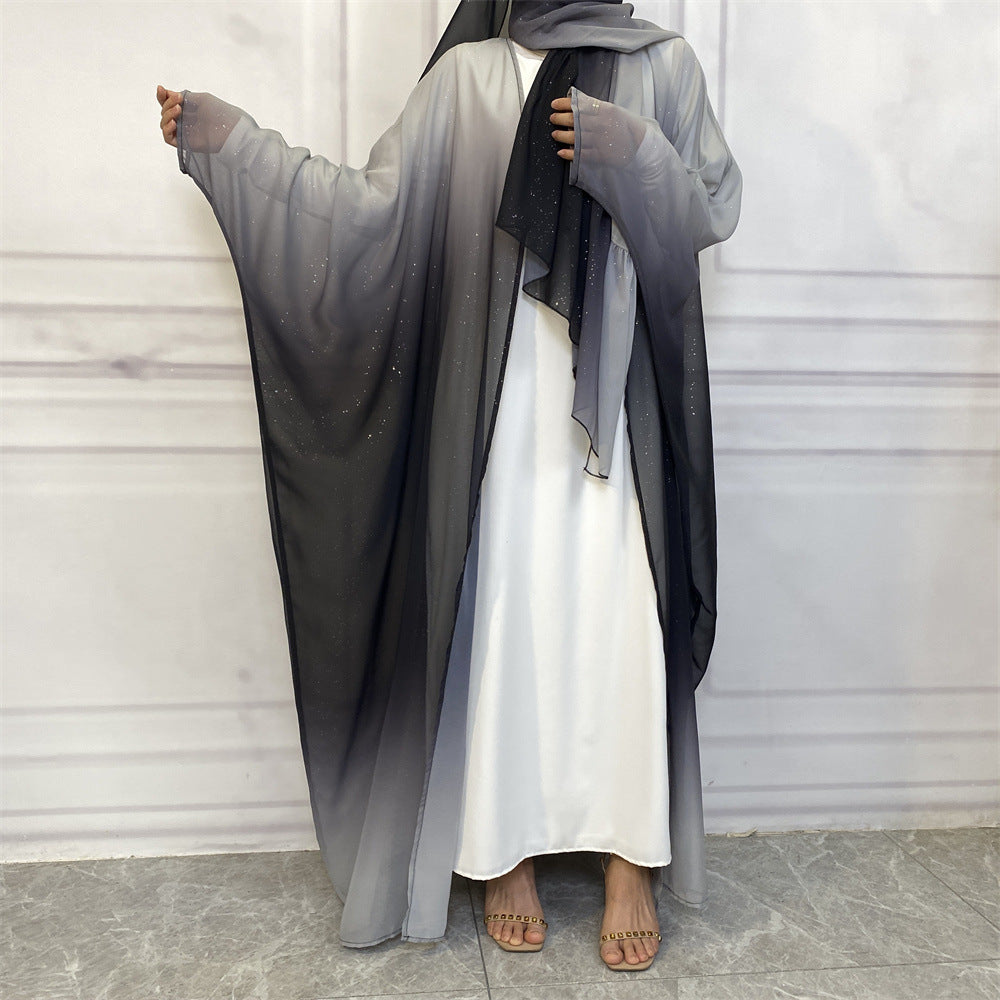 67501#2024 Kimono Abaya Dubai Gradient Color Islamic Clothing Women Muslim Dress with Hijab