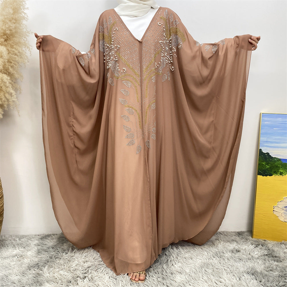6743#Luxury New Rhinestone Chiffon Abaya Bead With Pearls Batwing Sleeves Classy Cardigan