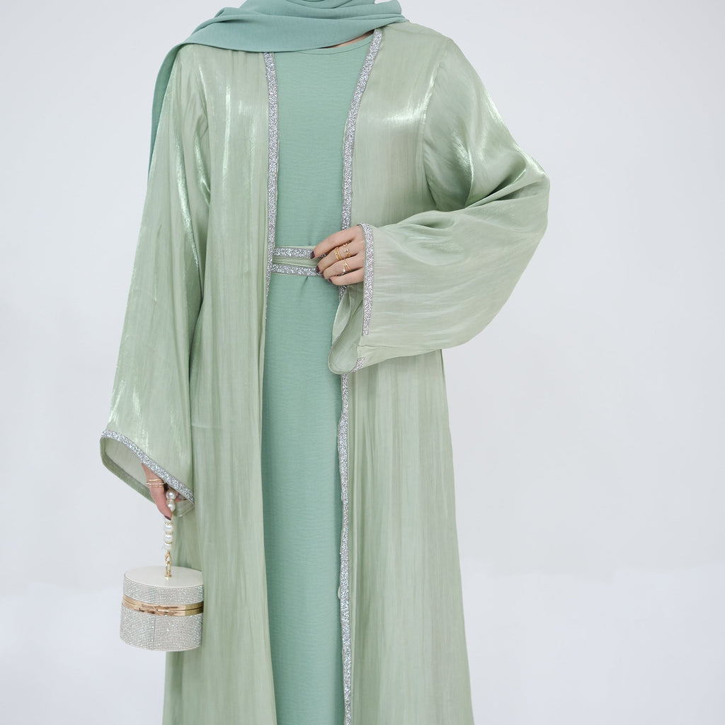 1699#2024 New Abaya Set Shinny Polyester Glitter Dubai Abaya Modest Kimono