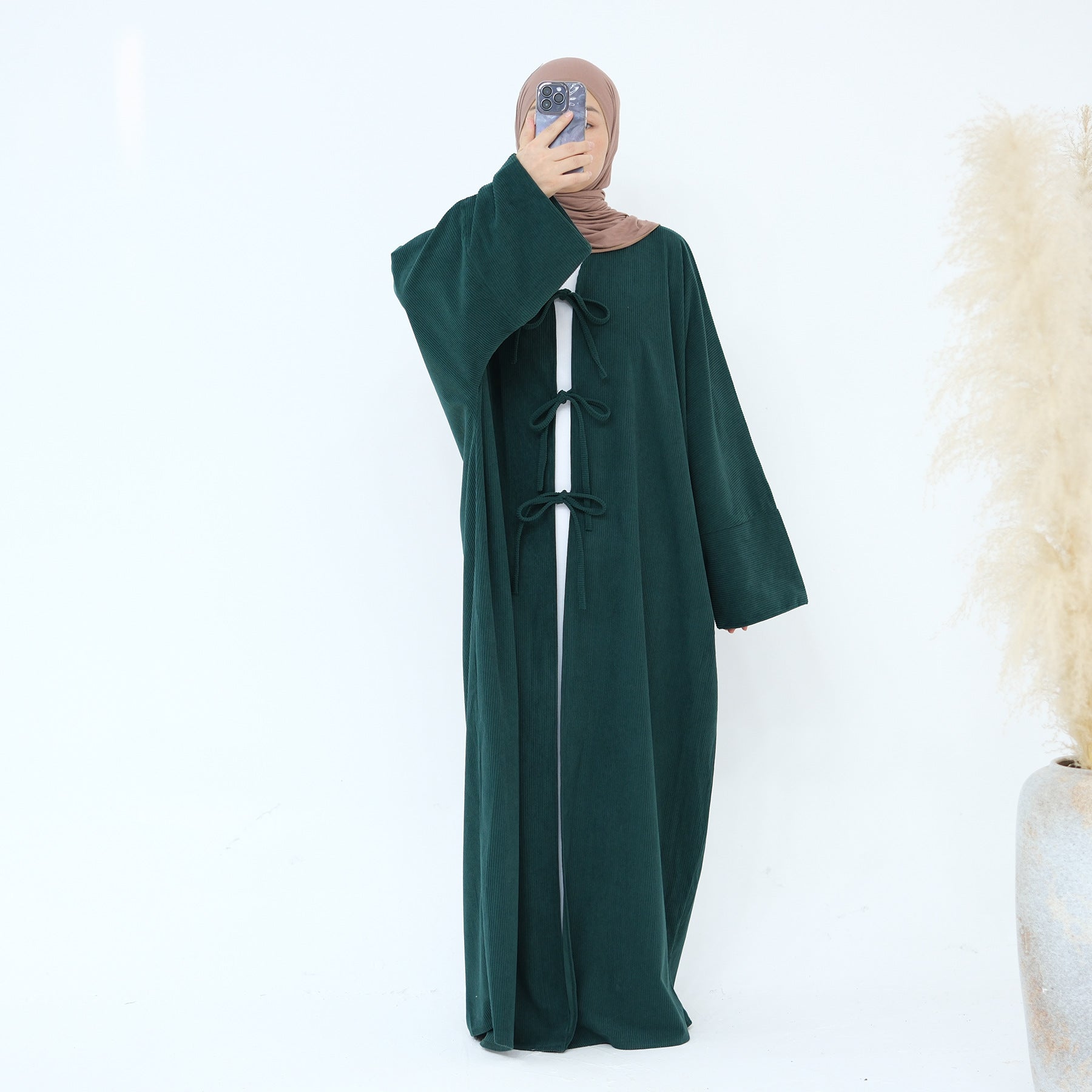 1927# Cutest Bow-Tie Front Open Corduroy Abaya Fall Winter Butterfly Cardigan Kimono Abaya