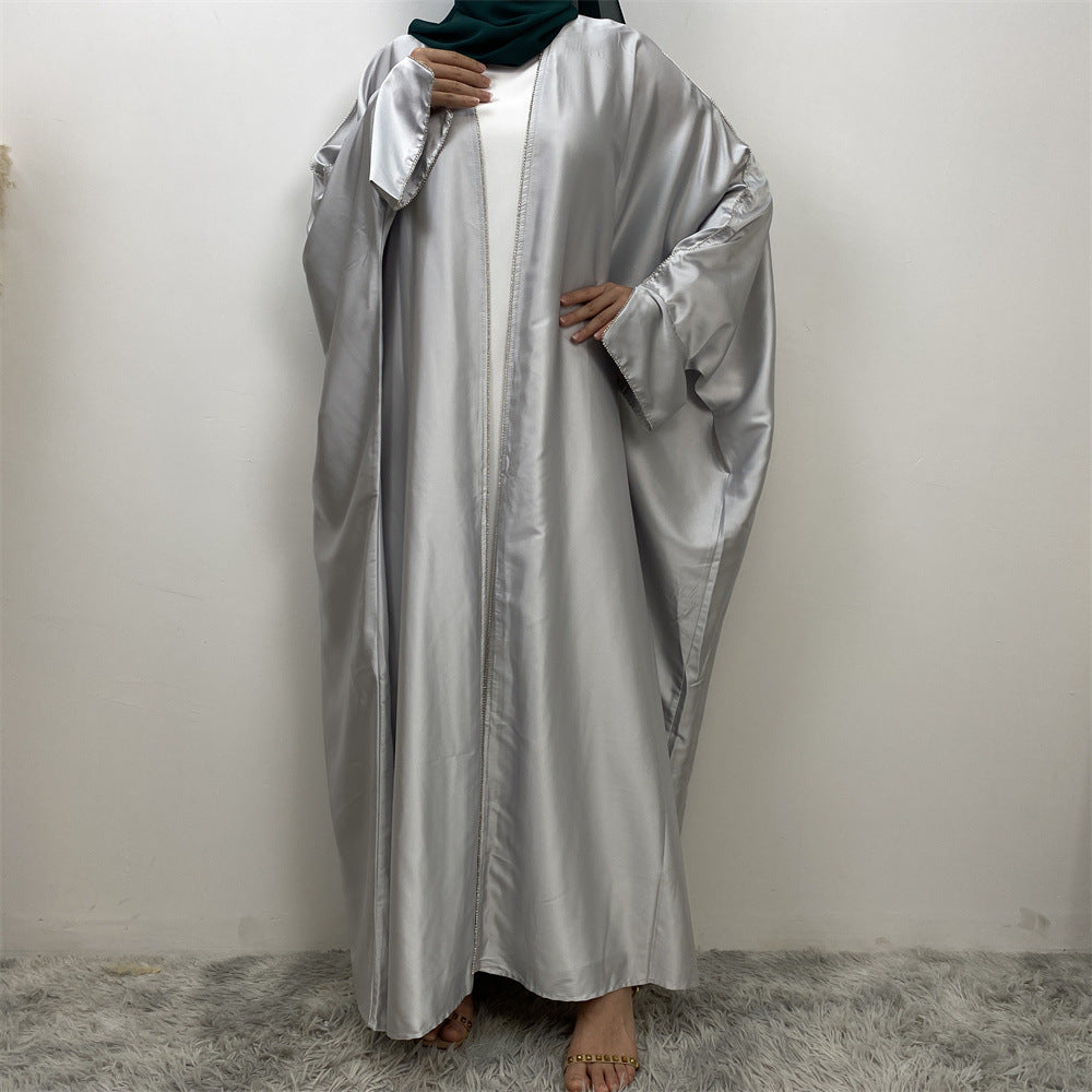 1427#New Arrival Muslim Women Silver Diamond Cardigan Islamic Clothing Light Shiny Satin Silk Abaya With Split Cuff