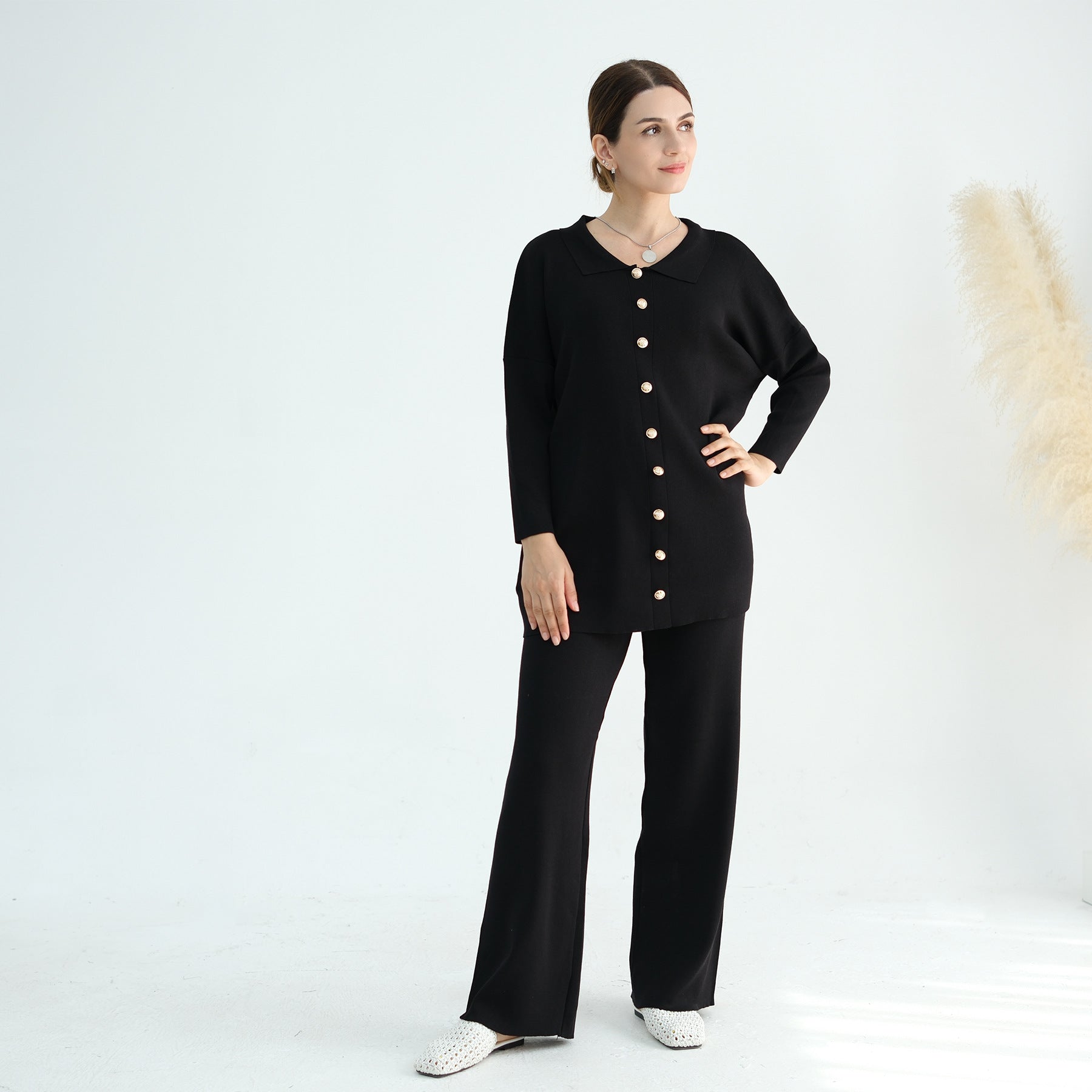 1869#Button Detailed Knit Sweater Pants Set Free Size Modest Two Pieces Women Casual Wear Fall Abaya Suit