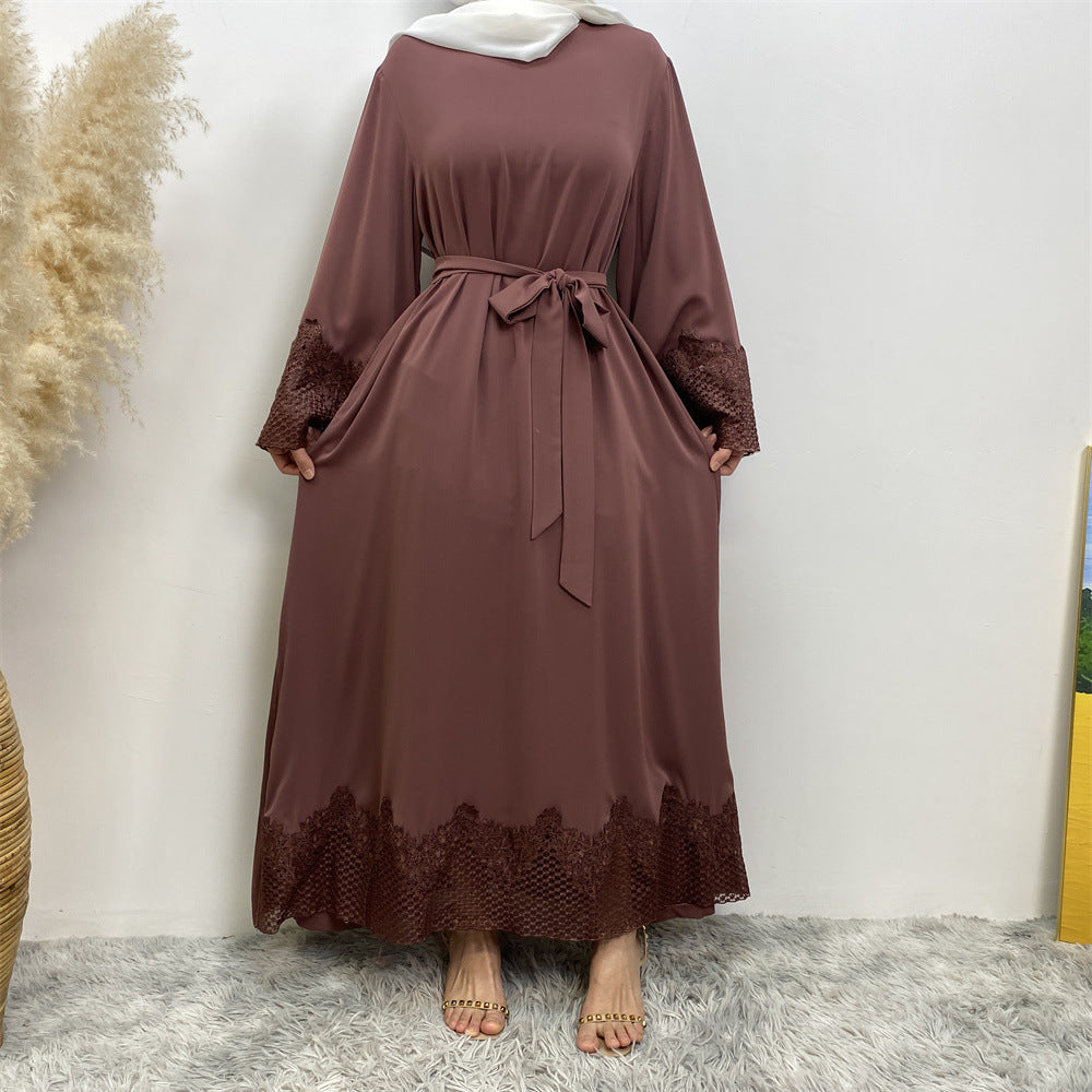 6708#New Nida Flower Applique With Mesh With Side Pockets Classy Women Dress Close Abaya