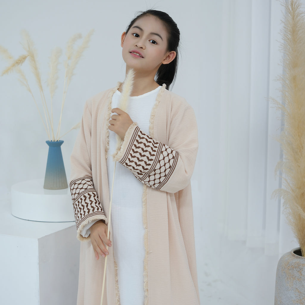 1782#Kids Abaya Keffiyeh Inspired Girls Embroidery Sleeves Women Maxi Dress Islamic Kaftan Trend Abaya