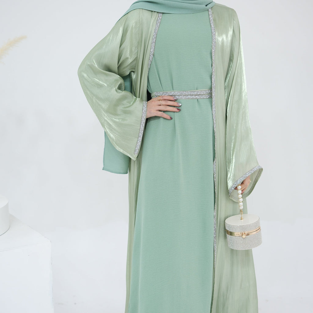 1699#2024 New Abaya Set Shinny Polyester Glitter Dubai Abaya Modest Kimono