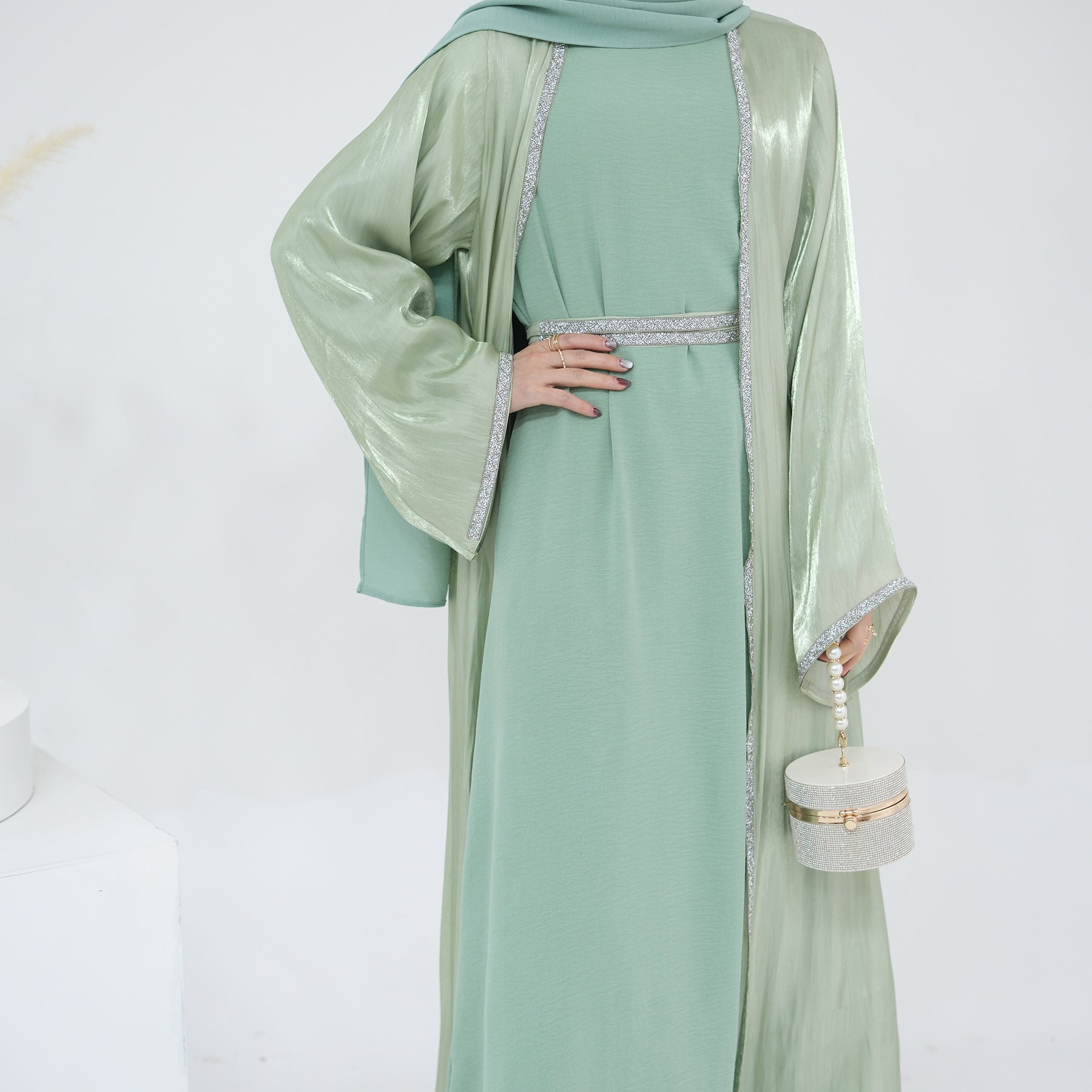 1699#2024 New Abaya Set Shinny Polyester Glitter Dubai Abaya Modest Kimono