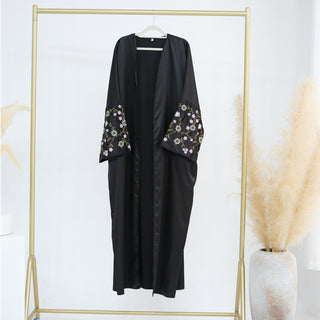 1827#Modest Dresses Black Satin Embroidery Abaya Islamic Clothing Front Open Abaya