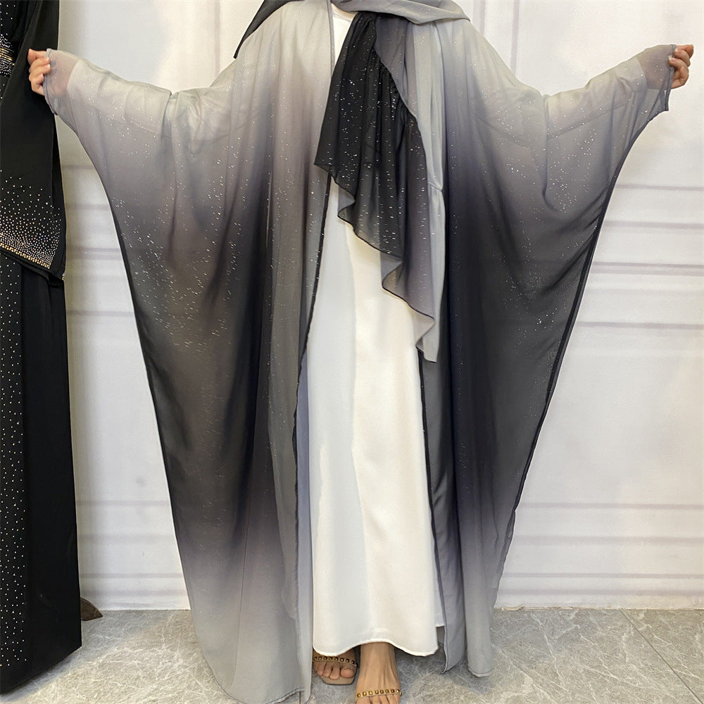 67501#2024 Kimono Abaya Dubai Gradient Color Islamic Clothing Women Muslim Dress with Hijab