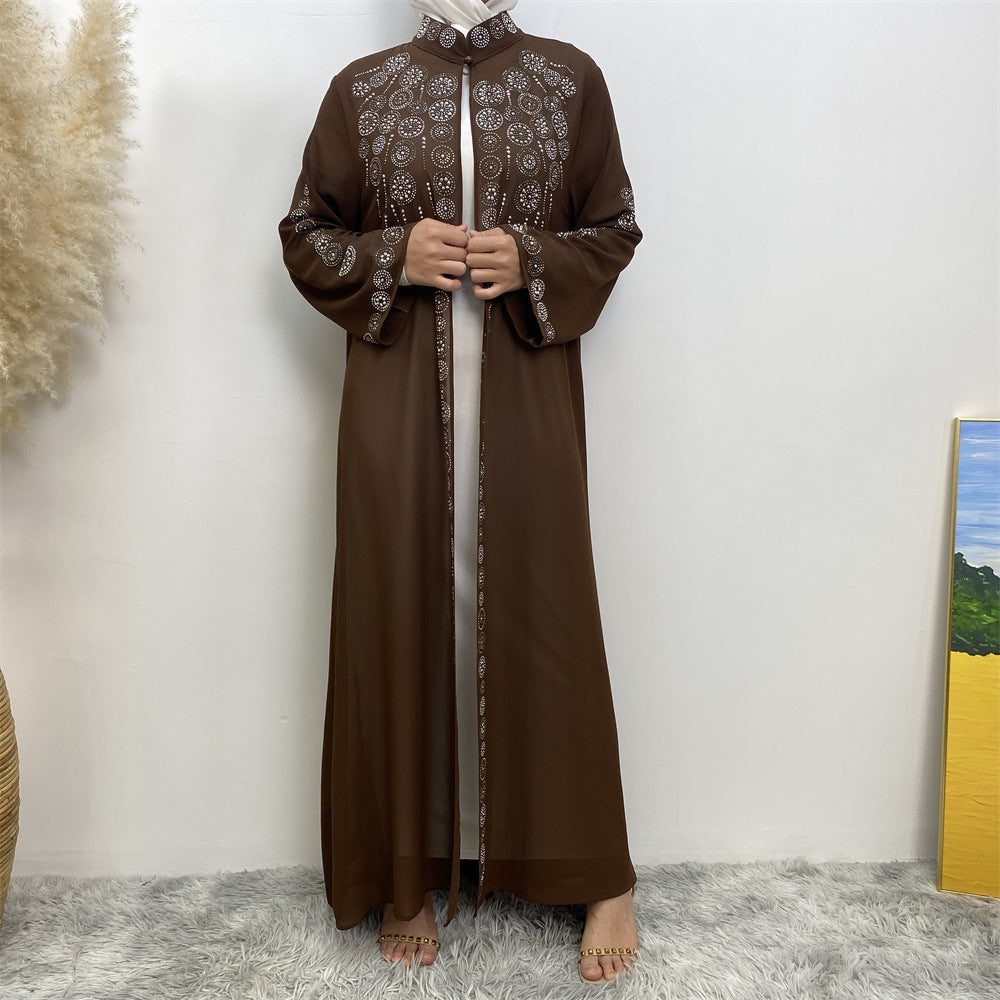 6740# Luxury chiffon africa diamond abaya long robe kaftan muslim women rhinestone open abaya