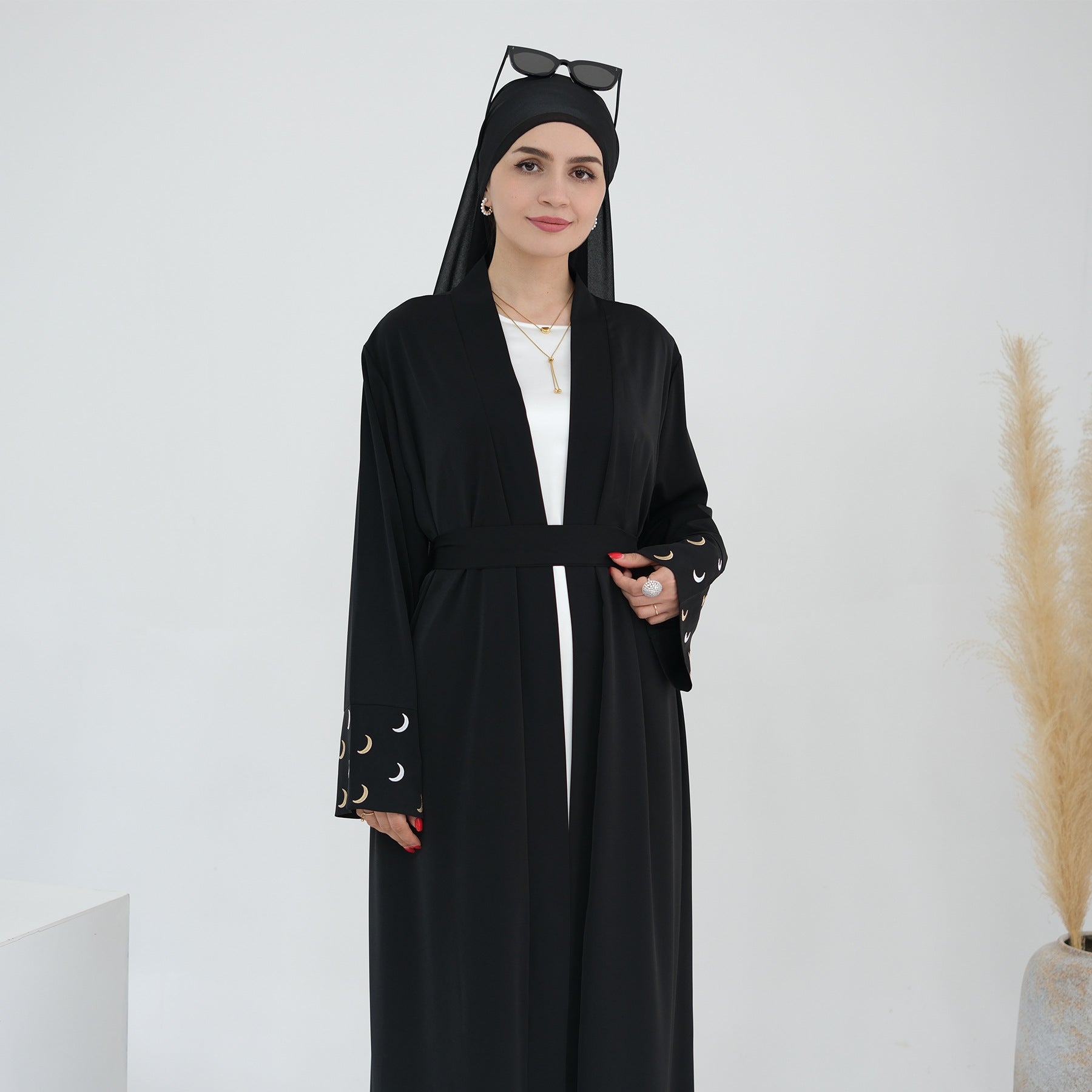 1785#New Arrival Cardigan Muslim Women's Dresses Moon Embroidery EID Linen Abaya