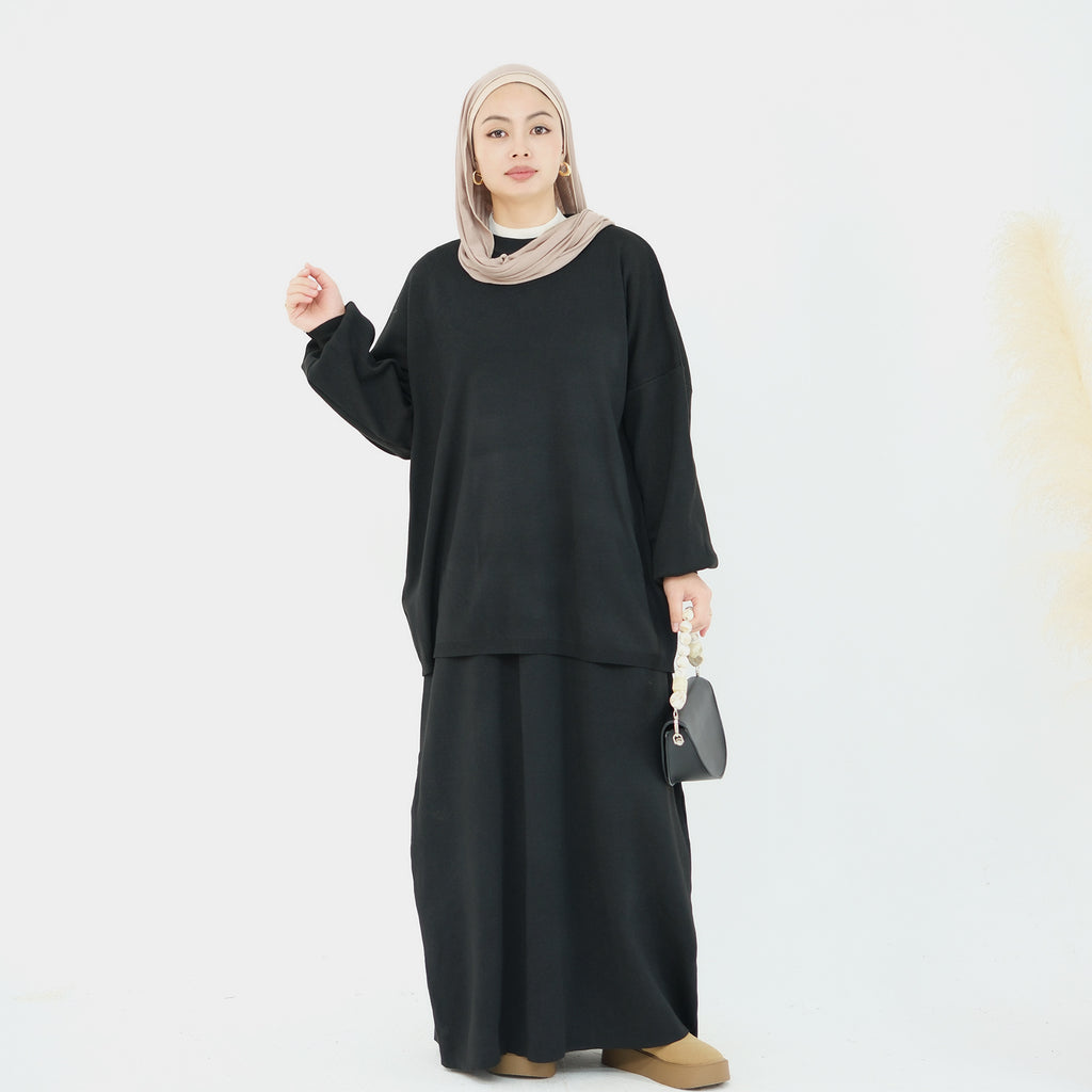 1928#Knit Fabric Solid Color Women's Dress Islamic Clothing Sweater Skirt Set 2pcs Winter Set Abaya