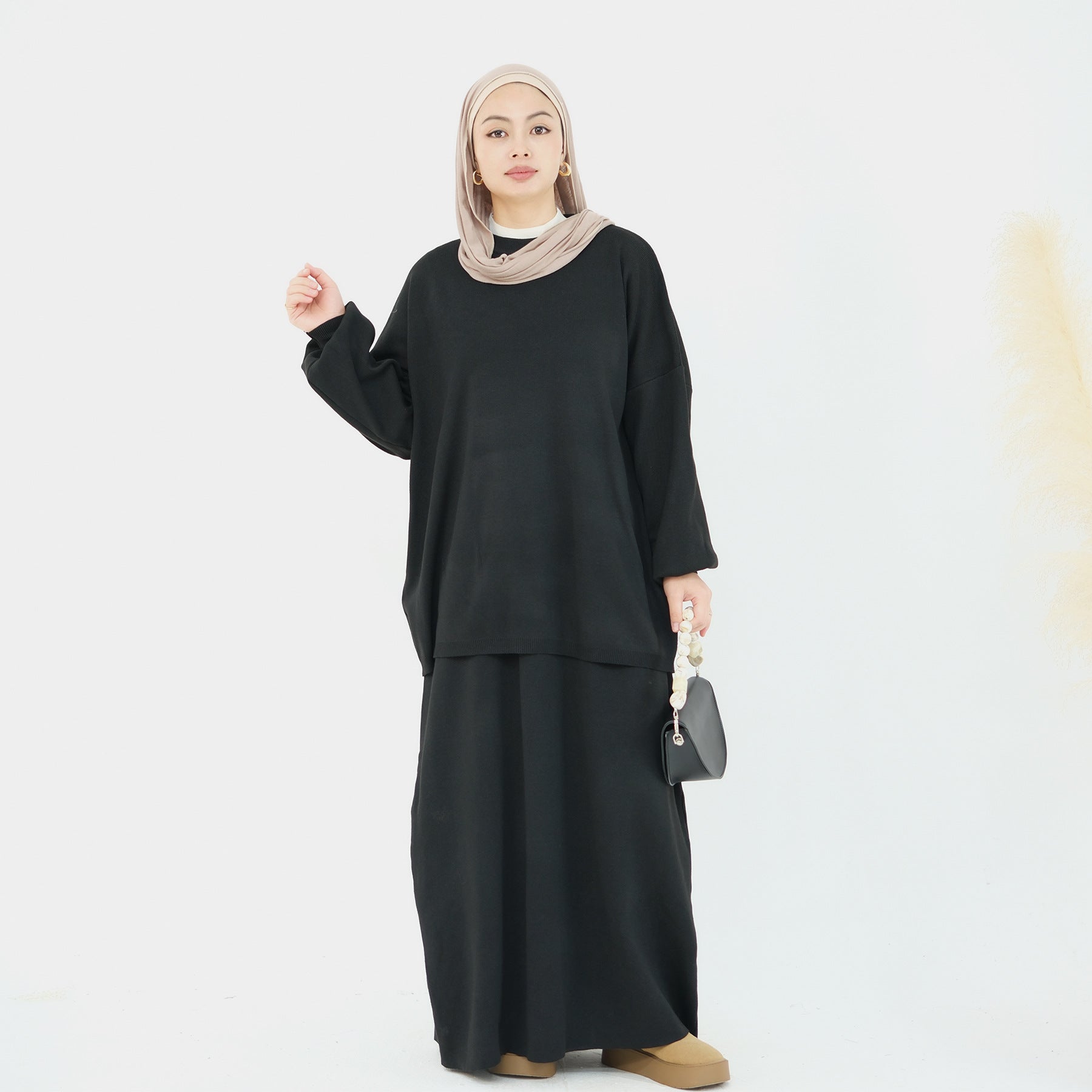1928#Knit Fabric Solid Color Women's Dress Islamic Clothing Sweater Skirt Set 2pcs Winter Set Abaya