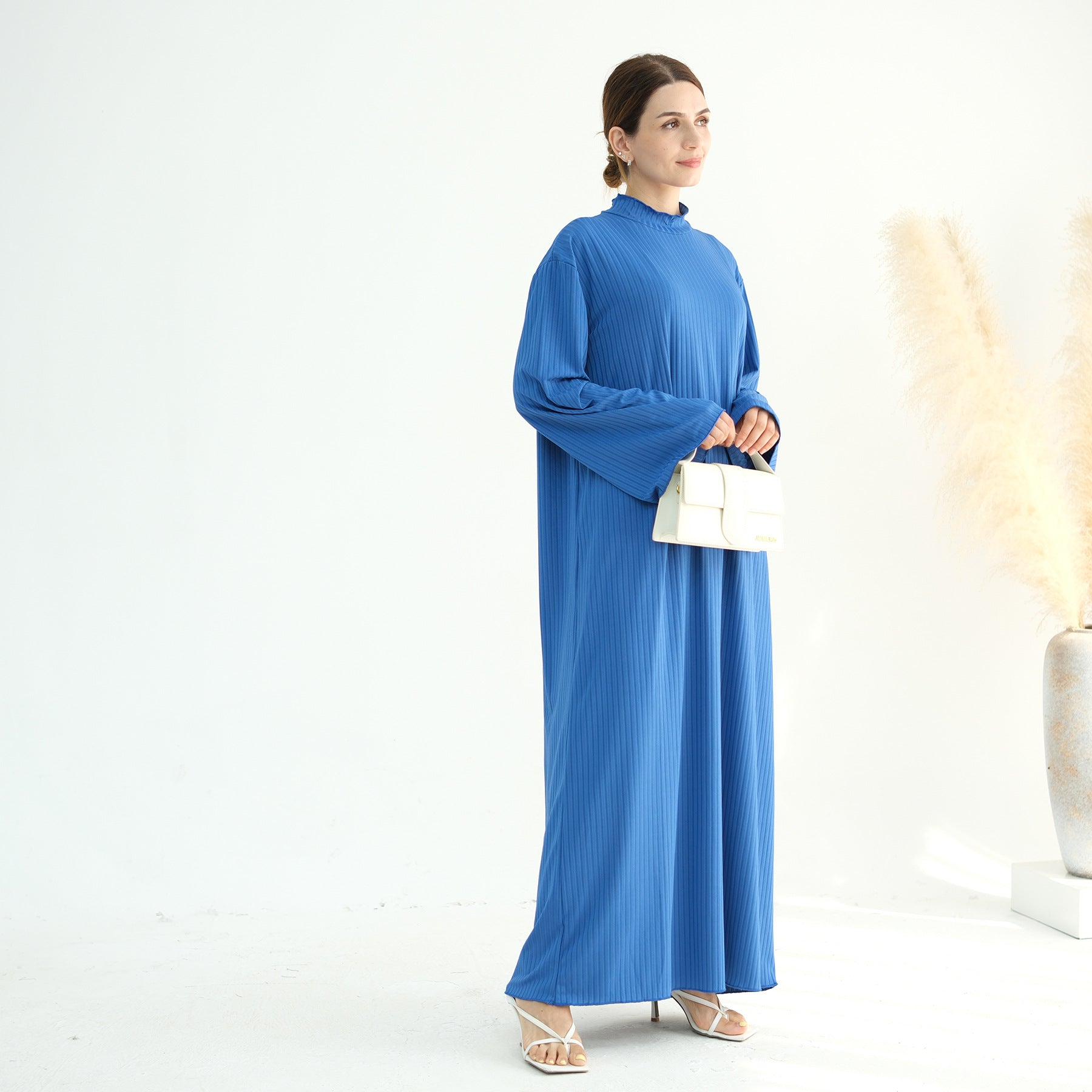1905#High Neck Simple Daily Wear Plain Modest Abaya Women Muslim Dress Long Sleeve Slip Dress