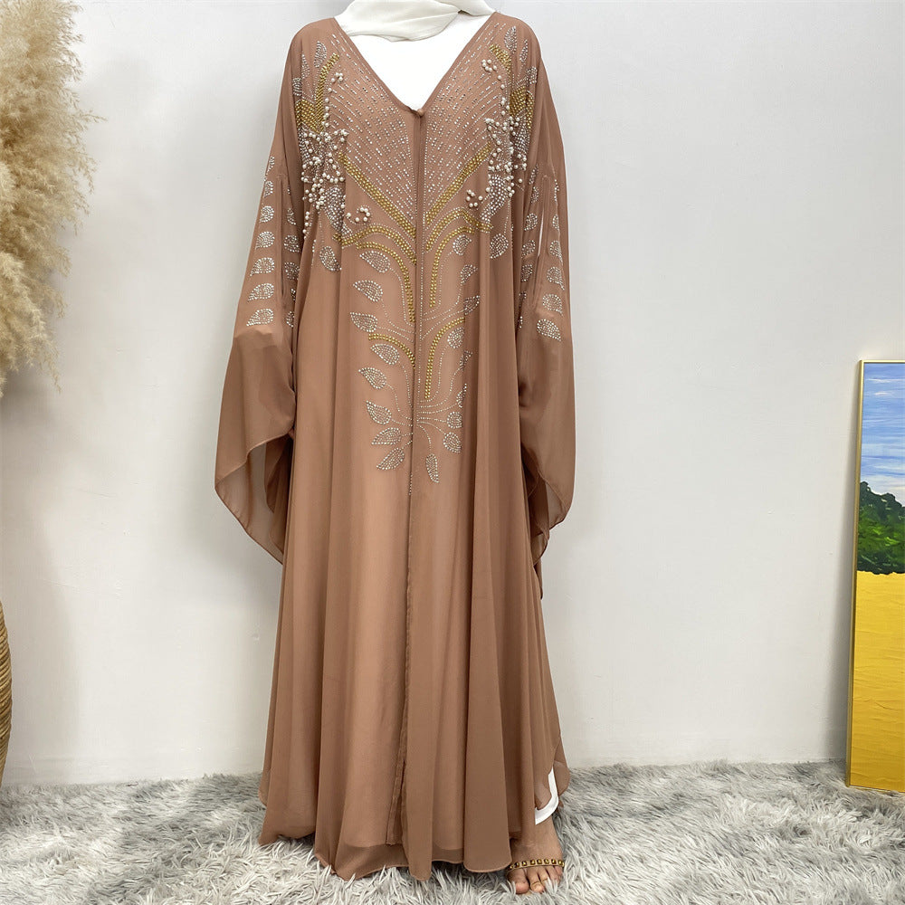 6743#Luxury New Rhinestone Chiffon Abaya Bead With Pearls Batwing Sleeves Classy Cardigan