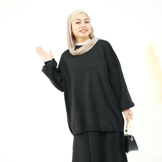 1928#Knit Fabric Solid Color Women's Dress Islamic Clothing Sweater Skirt Set 2pcs Winter Set Abaya