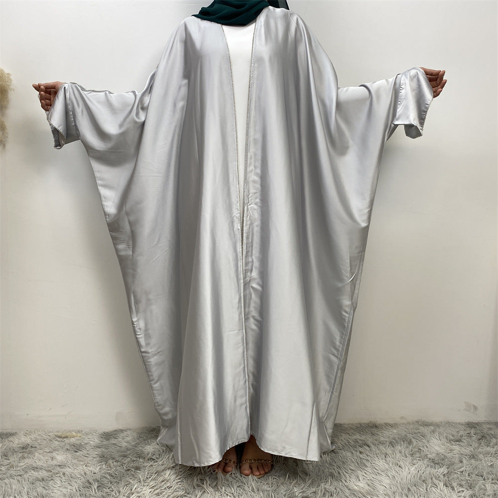 1427#New Arrival Muslim Women Silver Diamond Cardigan Islamic Clothing Light Shiny Satin Silk Abaya With Split Cuff