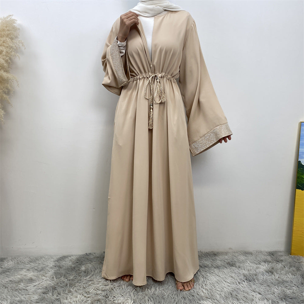 6758# Front zipper closed abaya dress loose cuff with rhinestone maxi dresses