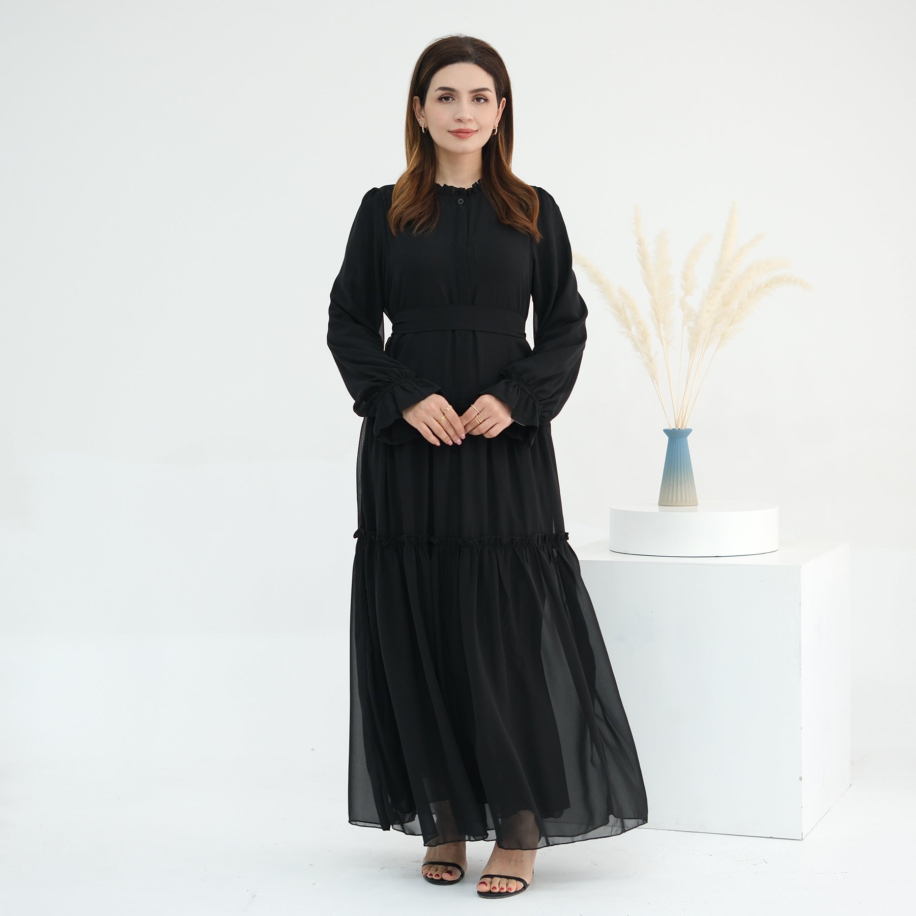 1754#2024 Solid Color Layered Chiffon Elegant Dress with Front Buttons and Lining