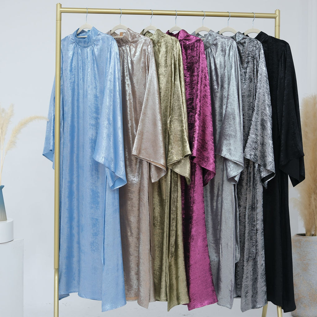 1777#New Modest Muslim Dress Long Sleeve Shinny Polyester Fashion Dubai Abaya Women Dress Elegant Islamic Clothing