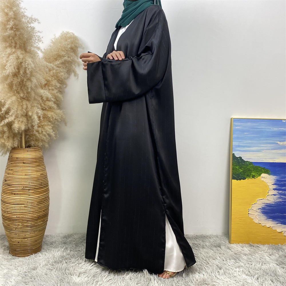 1439#Women Abaya Smooth Satin Kimono Slit Sleeve Popular Islamic Clothing Modest Silver Line Printed Abayas